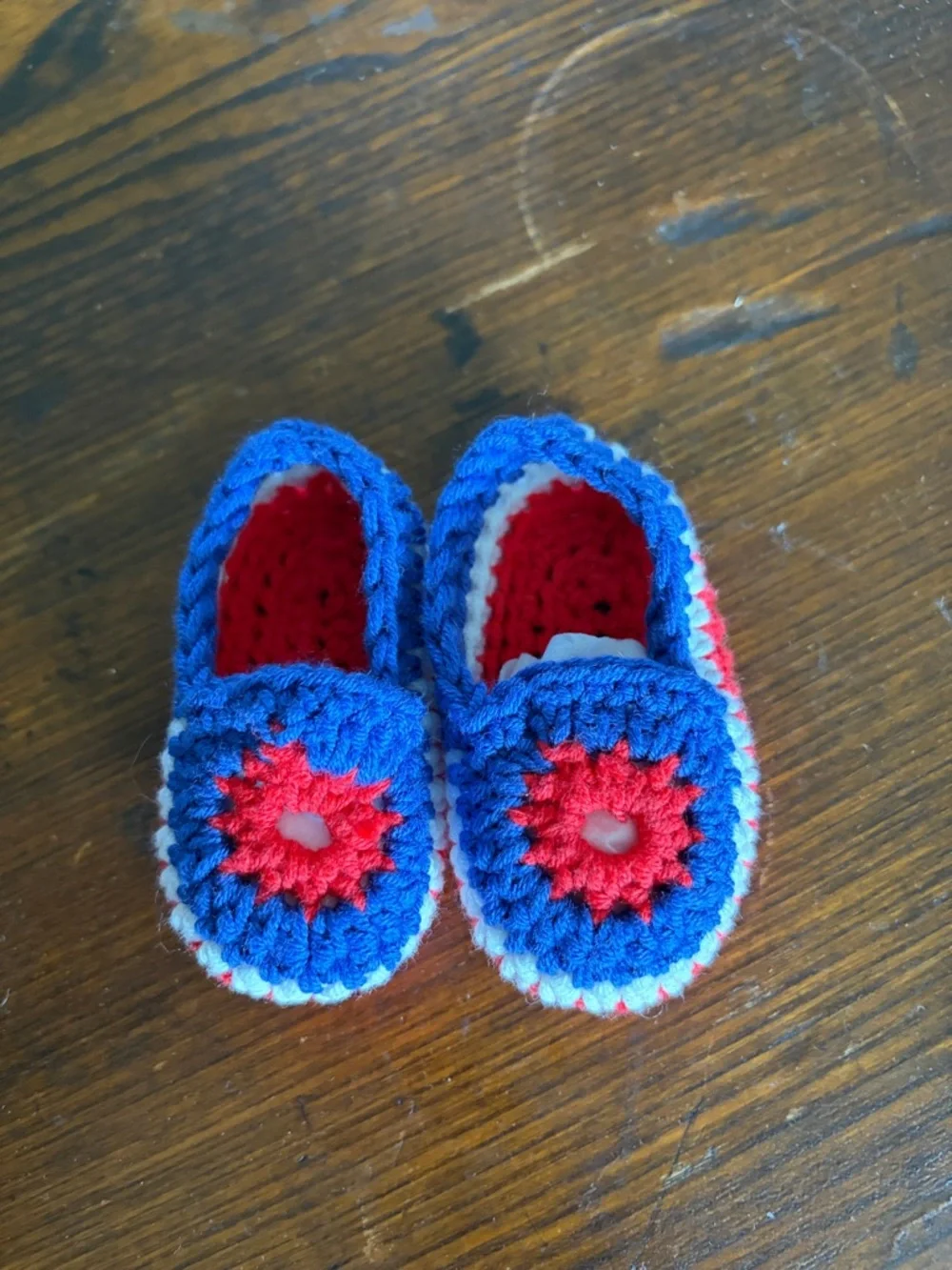 Crochet Kids Moccasins in Blue, Red & White